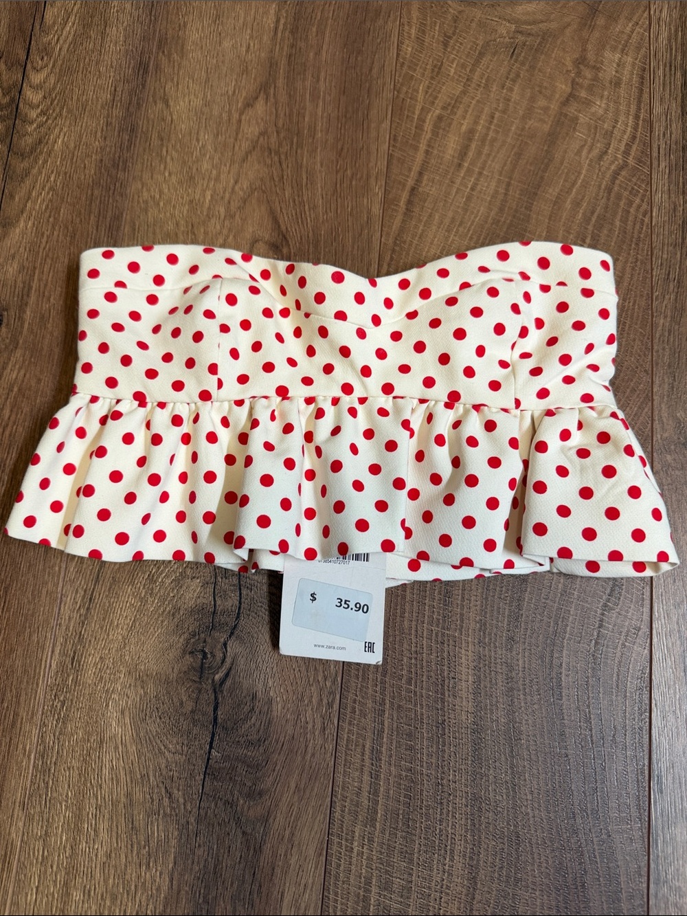 NWT Zara White Bandeau Top with Red Polka Dots and Ruffle Hem